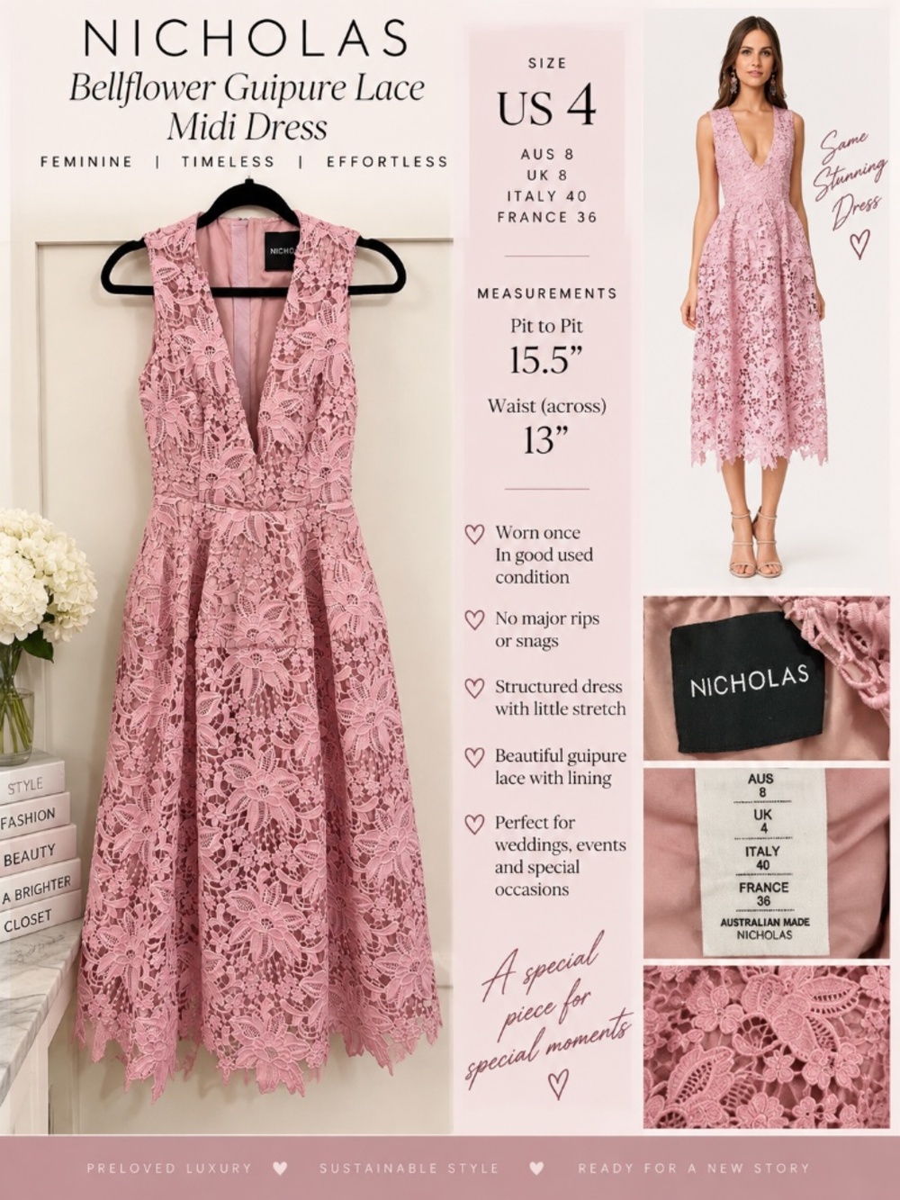 Nicholas Bellflower Guipure Lace Dress blush pink dress Size 4